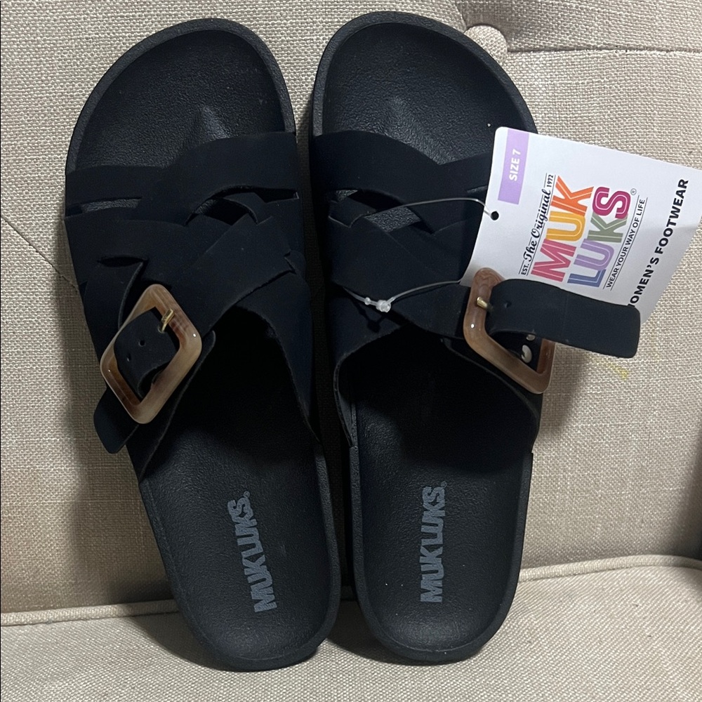 Muk Luks Black Slide Sandals with Brown Buckles